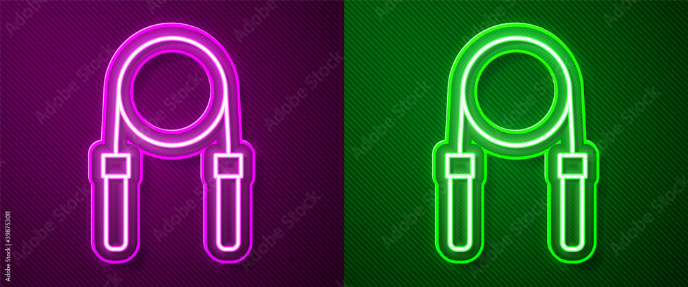 Glowing neon line Jump rope icon isolated on purple and green background. Skipping rope. Sport equipment. Vector. Glowing neon line Jump rope icon isolated on purple and green background. Skipping rope. Sport equipment. Vector.