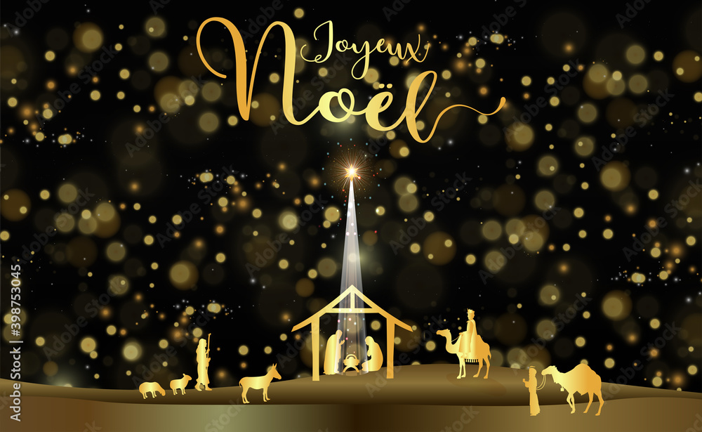 carte ou bandeau sur joyeux Noël en or représenté par une crèche avec des animaux, les rois mages en or sur un fond noir et des ronds en effet bokeh 