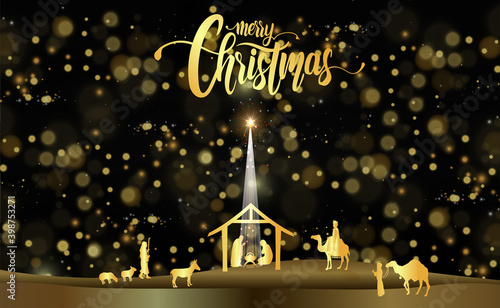 card or banner on Merry Christmas in gold represented by a nativity scene with animals, the three kings in gold on a black background and circles in bokeh effect