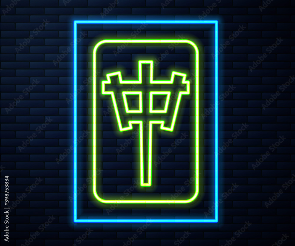 Glowing neon line Mahjong pieces icon isolated on brick wall background. Chinese mahjong red dragon game emoji. Vector. Glowing neon line Mahjong pieces icon isolated on brick wall background. Chinese mahjong red dragon game emoji. Vector.