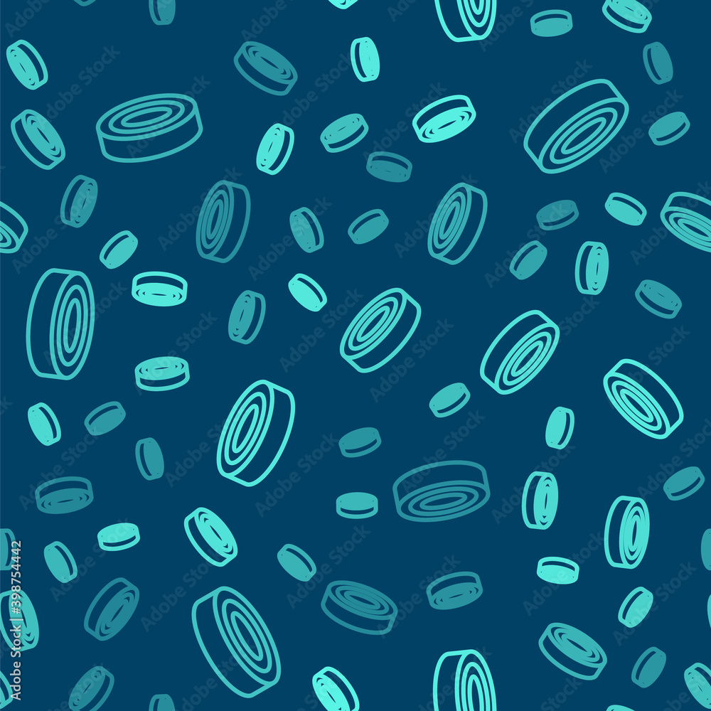 Green line Checker game chips icon isolated seamless pattern on blue background. Vector. Green line Checker game chips icon isolated seamless pattern on blue background. Vector.