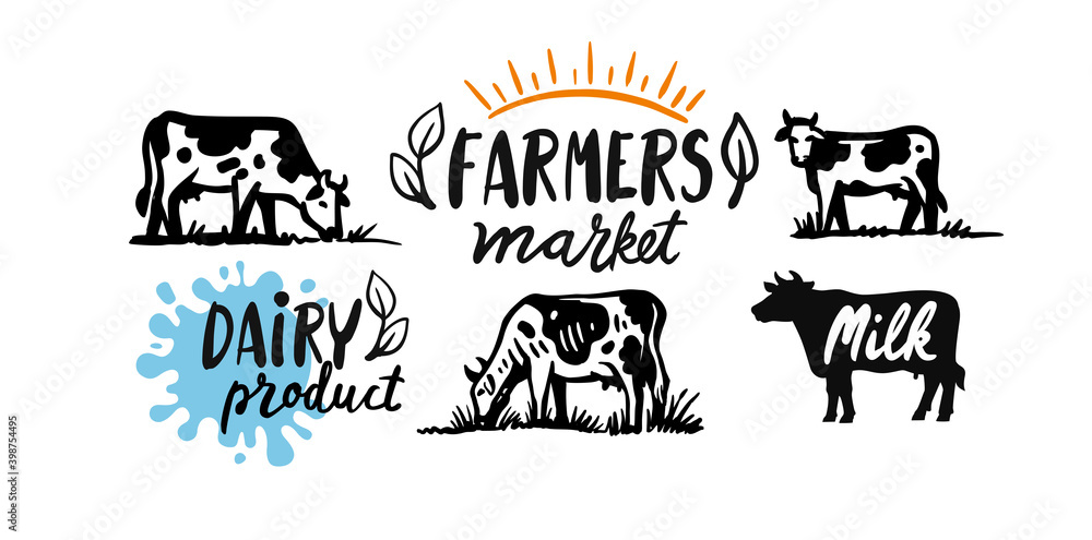 Cow and milk emblem. Farm black sketch stickers