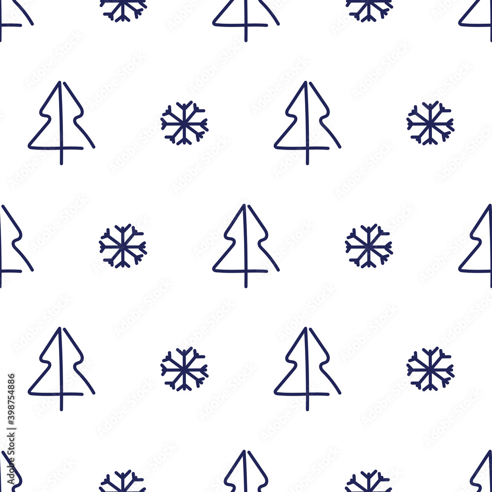 Merry Christmas seamless pattern, Navy blue Christmas tree and snowflake pattern on white background.	