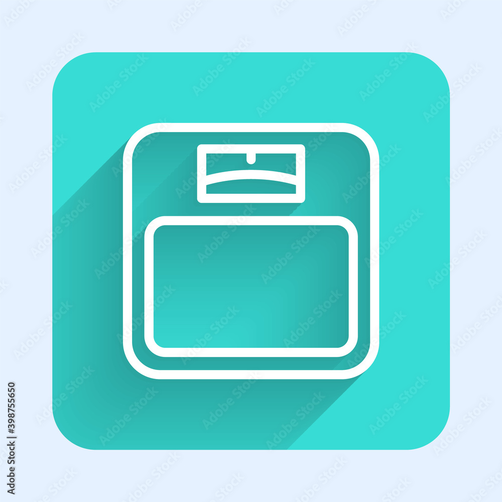 White line Bathroom scales icon isolated with long shadow. Weight measure Equipment. Weight Scale fitness sport concept. Green square button. Vector. White line Bathroom scales icon isolated with long shadow. Weight measure Equipment. Weight Scale fitness sport concept. Green square button. Vector.
