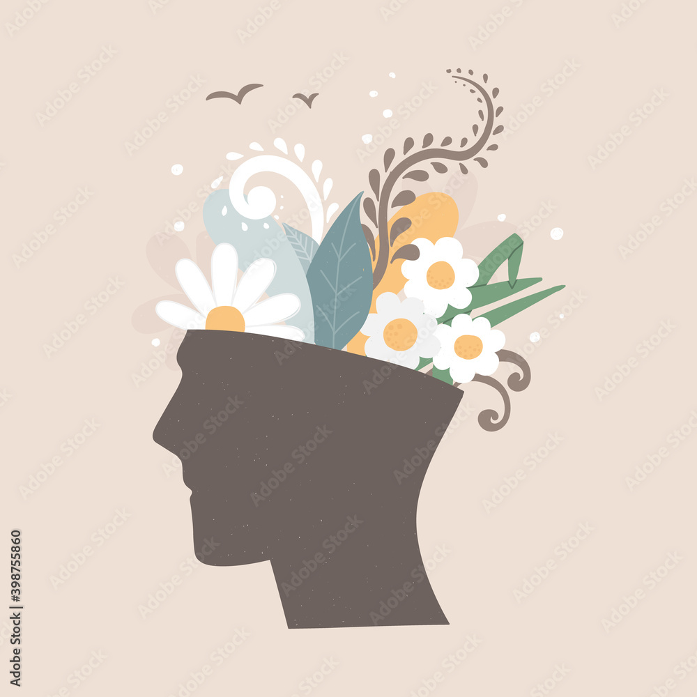 Mental health concept. A head with flowers growing in it. Psychological help. Vector