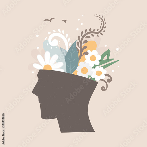 Mental health concept. A head with flowers growing in it. Psychological help. Vector illustration in hand drawing style, pastel colors.