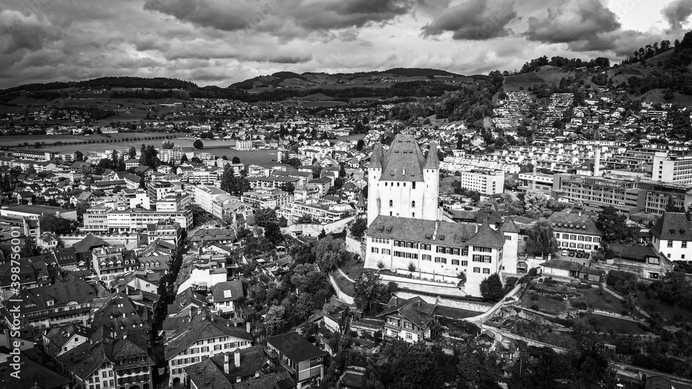 Aerial view over the city of Thun in Switzerland - amazing drone footage
