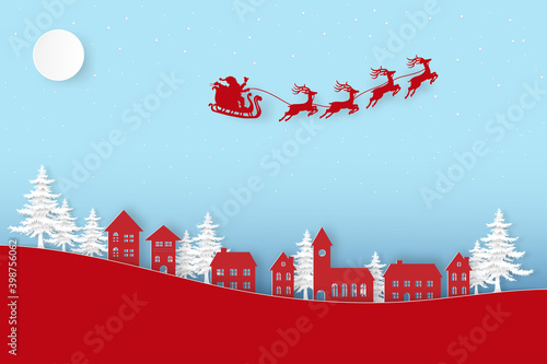 Winter landscape with houses and trees.Santa Claus on the sky in winter season.Merry Christmas and Happy New Year. paper art design.Snow man.Vector EPS 10.