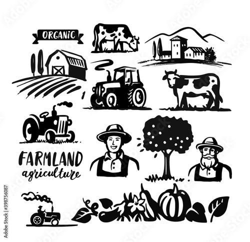 Farming theme. Elements for design farmer cows, tractor