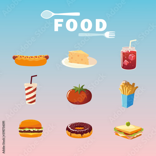food hot dog burger tomato soda juice sandwich french fries poster