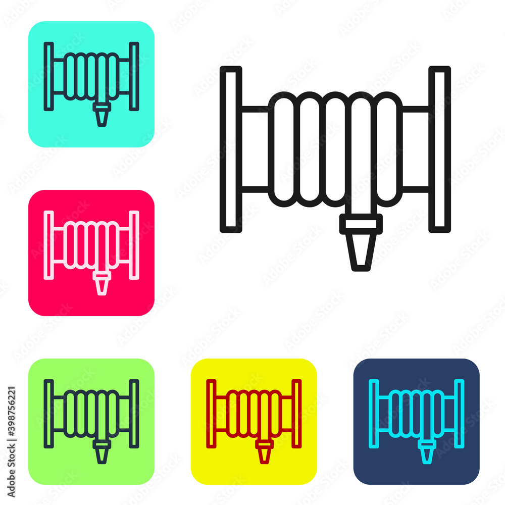 Black line Fire hose reel icon isolated on white background. Set icons in color square buttons. Vector. Black line Fire hose reel icon isolated on white background. Set icons in color square buttons. Vector.