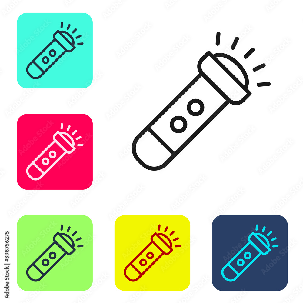 Black line Flashlight icon isolated on white background. Set icons in color square buttons. Vector.