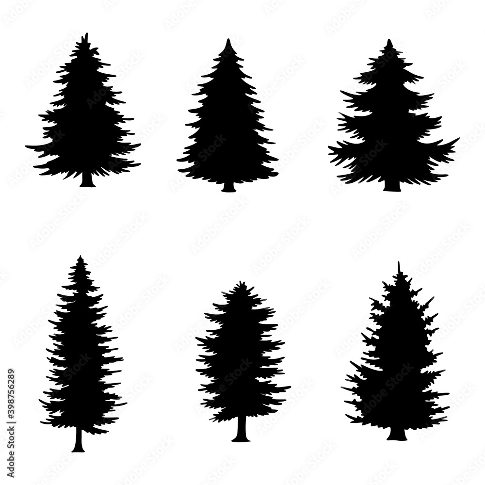 set of christmas trees. Isolated Pine on the white background. Pine silhouettes. Tree hand drawn. Vector EPS 10.