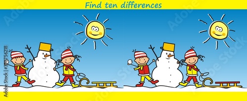 Find ten differences, little kids with sledge and snowman, vector illustration