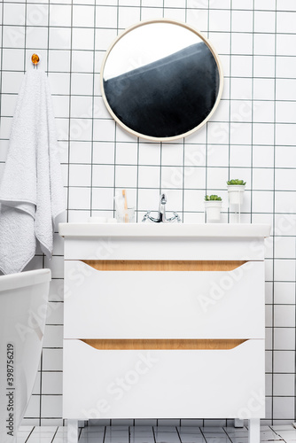 Plants near sink and mirror in modern bathroom, stock image