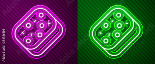 Glowing neon line Sponge with bubbles icon isolated on purple and green background. Wisp of bast for washing dishes. Cleaning service logo.  Vector.