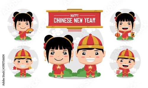 Cartoon Chinese new year traditional costume in cute character design collection. Vector illustration
