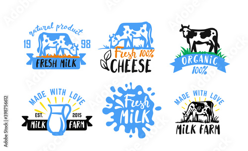 Cow and milk emblem. Farm black sketch stickers