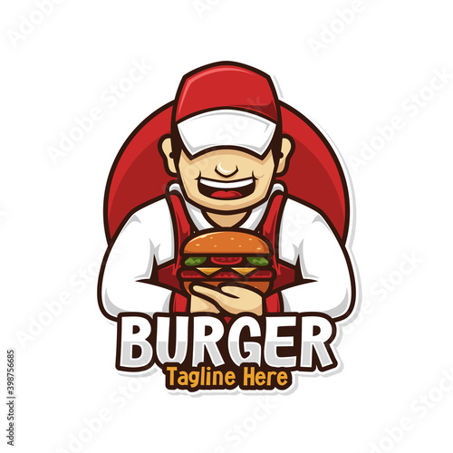 Chef burger logo character design, people illustration fast food design.
