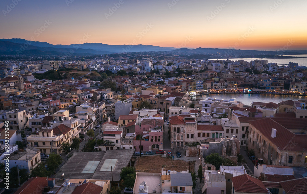 Old Center of Chania Cityscape with Ancient Venetian Port At Blue Hour in Crete, Greece