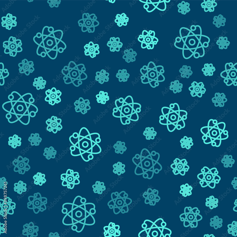 Green line Atom icon isolated seamless pattern on blue background. Symbol of science, education, nuclear physics, scientific research. Vector. Green line Atom icon isolated seamless pattern on blue background. Symbol of science, education, nuclear physics, scientific research. Vector.