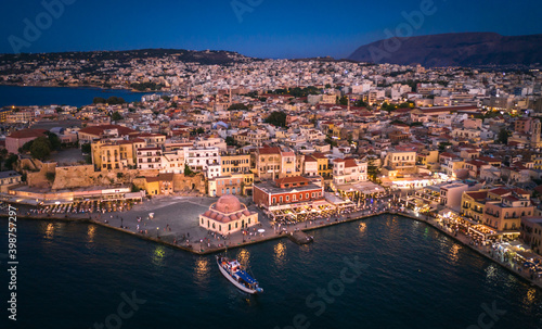 Old Center of Chania Cityscape with Ancient Venetian Port At Blue Hour in Crete, Greece