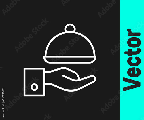White line Covered with a tray of food icon isolated on black background. Tray and lid sign. Restaurant cloche with lid.  Vector.