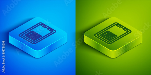 Isometric line Safe icon isolated on blue and green background. The door safe a bank vault with a combination lock. Reliable Data Protection. Square button. Vector.