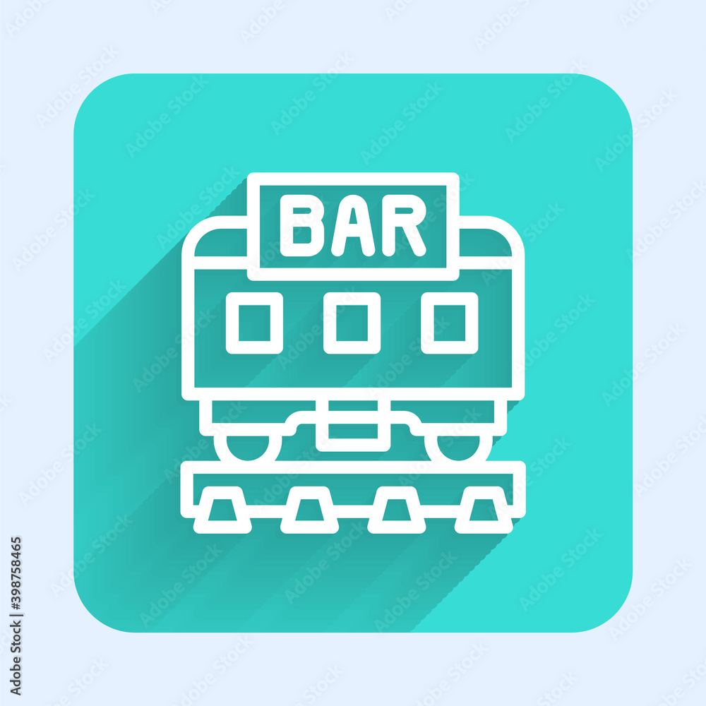 White line Restaurant train icon isolated with long shadow. Green square button. Vector. White line Restaurant train icon isolated with long shadow. Green square button. Vector.