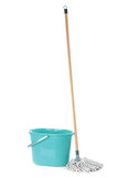 Mop and plastic bucket on white background. Cleaning supplies