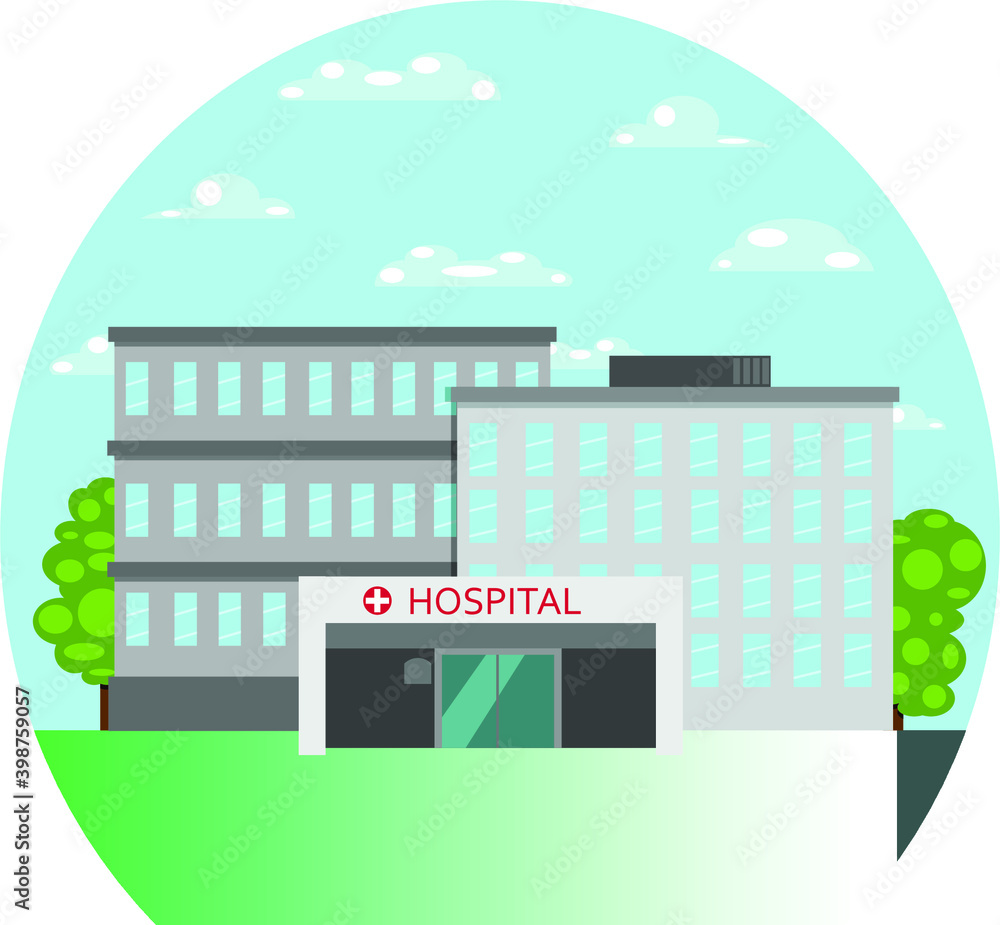 Hospital outside. Vector illstration.
There are two buildings and the front part of the hospital. Behind the buildings are trees, sky and clouds 