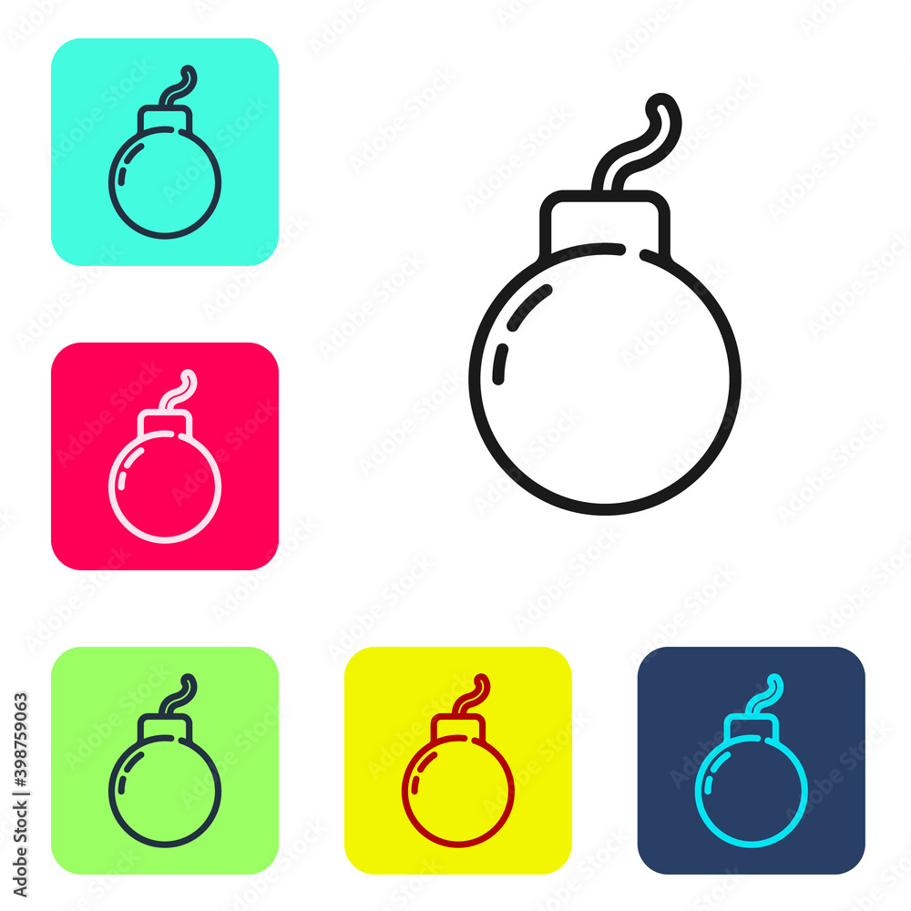Black line Bomb ready to explode icon isolated on white background. Set icons in color square buttons. Vector. Black line Bomb ready to explode icon isolated on white background. Set icons in color square buttons. Vector.
