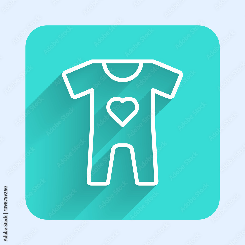 White line Baby clothes icon isolated with long shadow. Baby clothing for baby girl and boy. Baby bodysuit. Green square button. Vector. White line Baby clothes icon isolated with long shadow. Baby clothing for baby girl and boy. Baby bodysuit. Green square button. Vector.