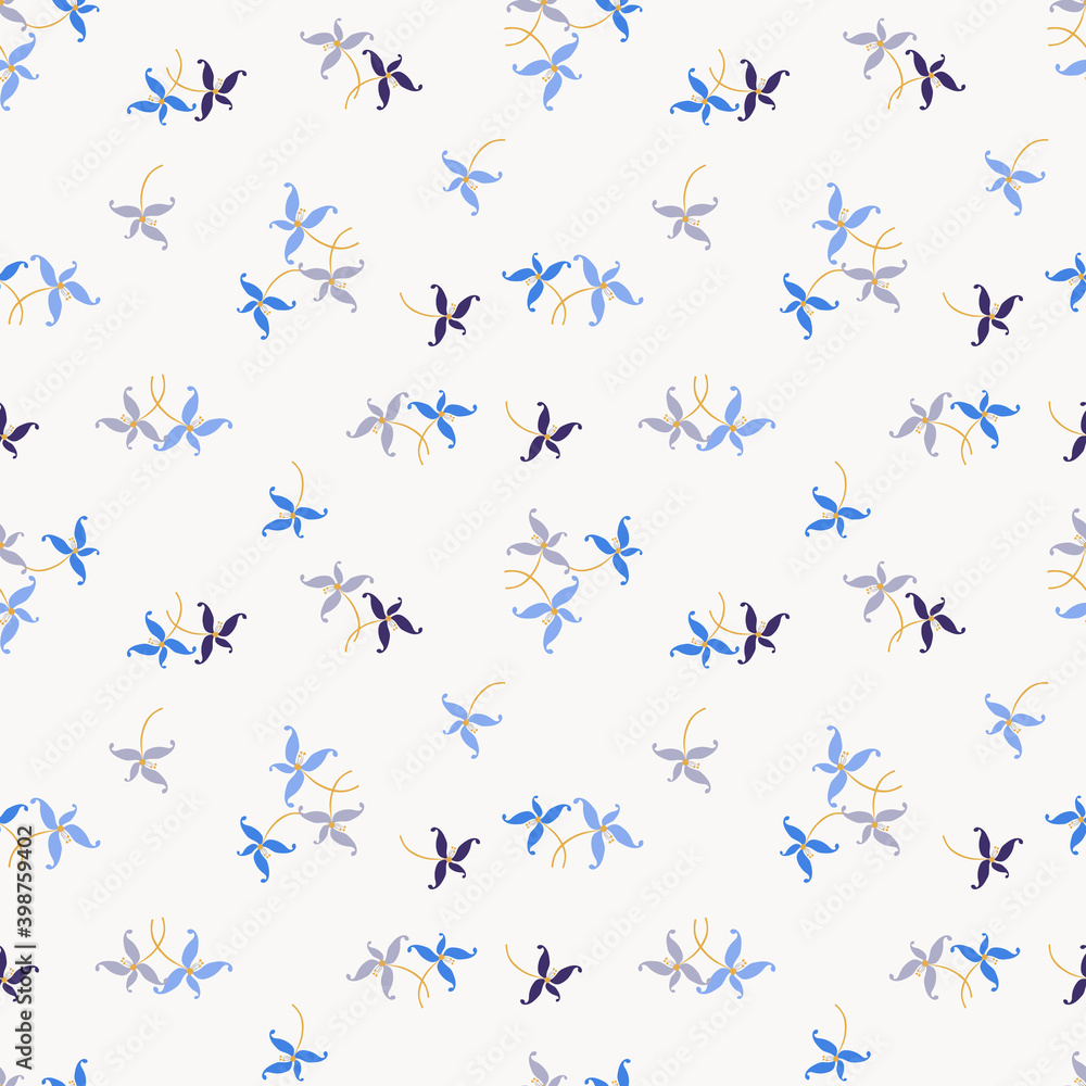 Vector floral seamless pattern with small abstract flowers, leaves. Ditsy texture. Modern background with hand drawn flower silhouettes. Blue, black, gray and white color. Repeat design for wallpaper Vector floral seamless pattern with small abstract flowers, leaves. Ditsy texture. Modern background with hand drawn flower silhouettes. Blue, black, gray and white color. Repeat design for wallpaper