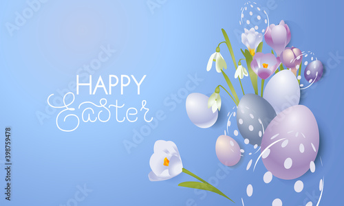 easter illustration. vector flowers and eggson a blue background. Suitable for the design of Easter cards, flyers, banners photo