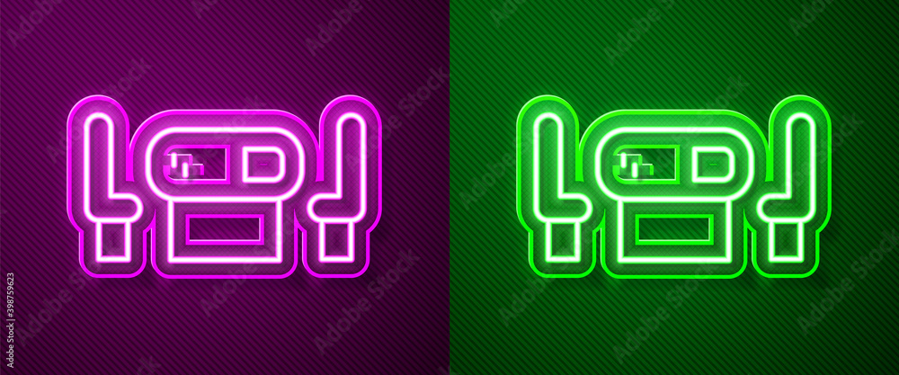 Glowing neon line Poker table icon isolated on purple and green background. Vector. Glowing neon line Poker table icon isolated on purple and green background. Vector.