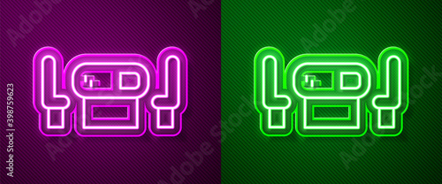 Glowing neon line Poker table icon isolated on purple and green background.  Vector.