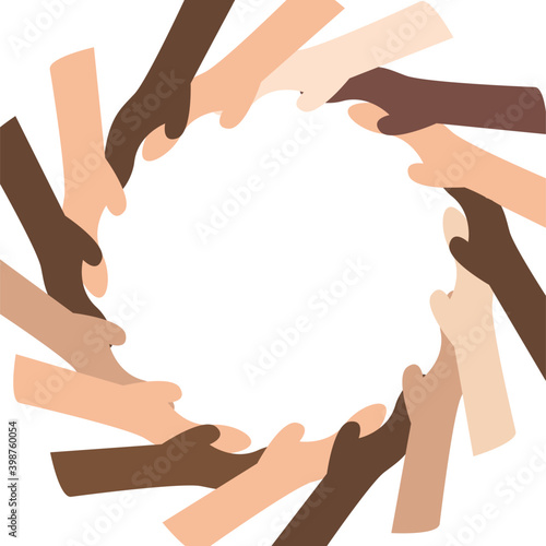 Vector illustration with people's hands described united community all over the world. Hand in hand different nationality.Circle made of hands
