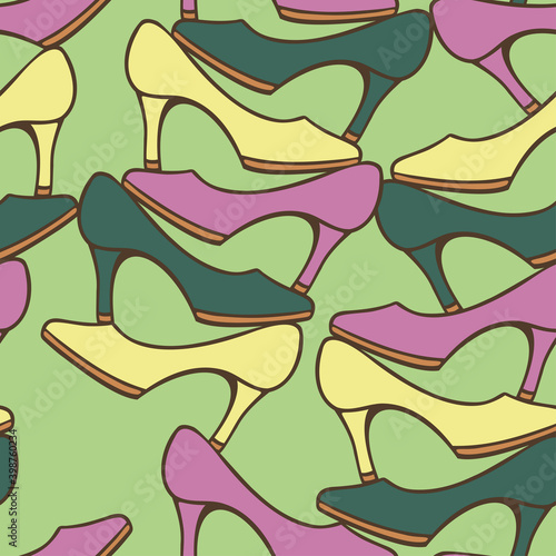 Vector seamless pattern of high heels. Woman shoes in stack. Different colorful shoes. Wallpaper design for store.