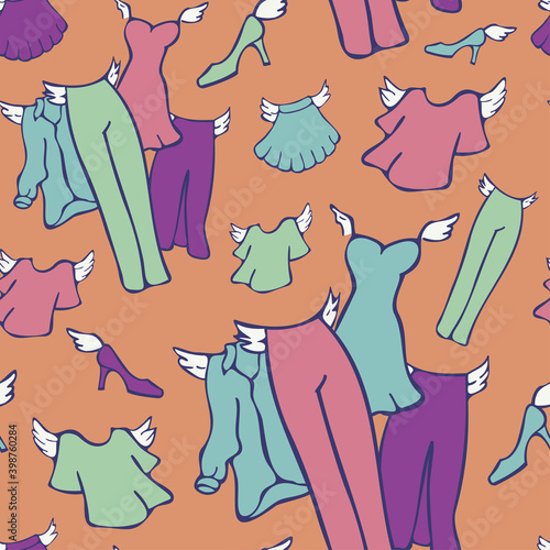 Vector seamless pattern of clothes with wings. Pants, skirts, shoes and shirts flying. Wallpaper design for store.
