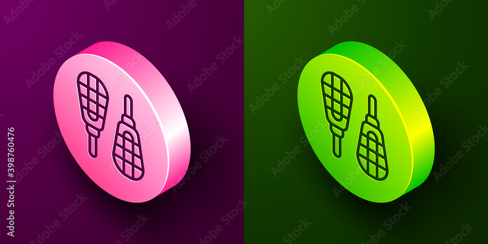 Isometric line Snowshoes icon isolated on purple and green background. Winter sports and outdoor activities equipment. Circle button. Vector. Isometric line Snowshoes icon isolated on purple and green background. Winter sports and outdoor activities equipment. Circle button. Vector.