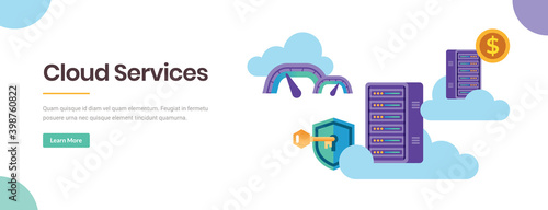 Cloud services with security, performance gauge, cost, data center, modern digital technology concept data server flat vector illustration with editable copy space