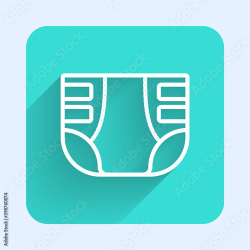 White line Adult diaper icon isolated with long shadow. Green square button. Vector.