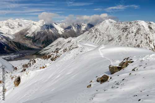 High mountain landscape. Marble Wall glacier area, Central Tian Shan, Kazakhstan.