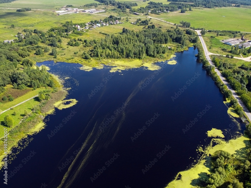 Aerial view of summer landscape with river and village Aerial view of summer landscape with river and village