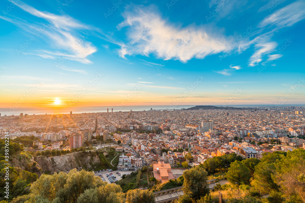 Beautiful sunrise panorama of Barcelona Focus on the town centre. Spain