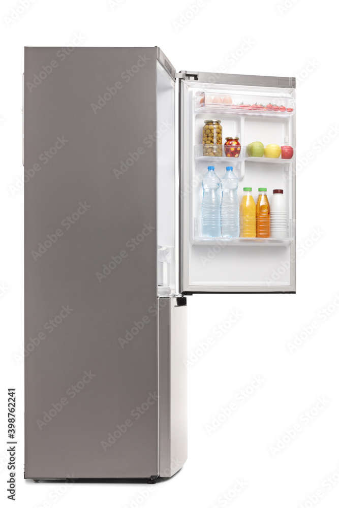 Side shot of a fridge with an open door with food and drinks Side shot of a fridge with an open door with food and drinks