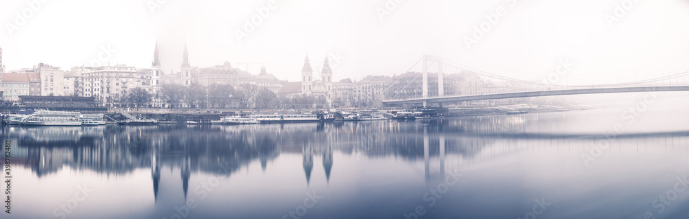 Morning foggy panorama of Budapest with Elisabeth Bridge