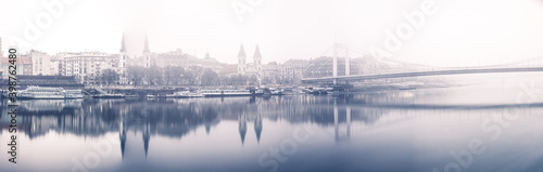 Morning foggy panorama of Budapest with Elisabeth Bridge