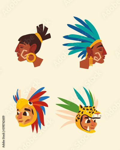 aztec warrior faces traditional headgear feathers icons